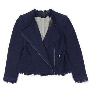 J CREW Tweed motorcycle jacket with fringe Old Money Quiet Luxury Trad Prep Navy